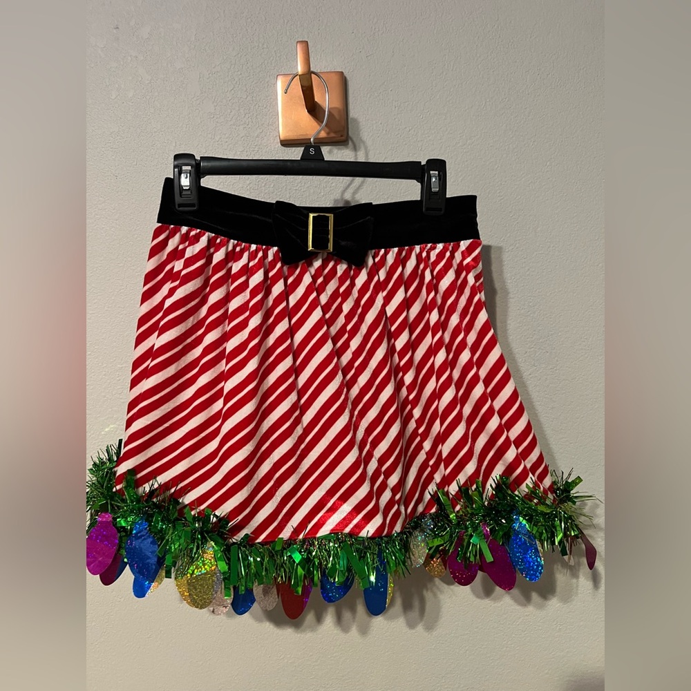 Festive Red and White Striped Skirt with Green Tinsel Trim